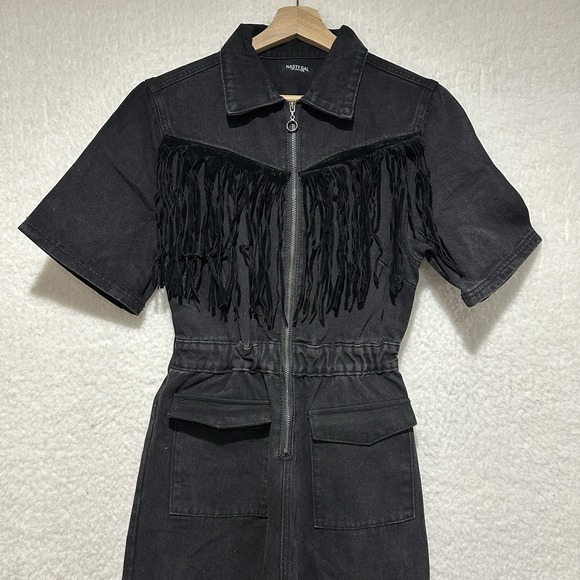 Nasty Gal Collection Black Denim Fringe Detailing Zip Up Front Jumpsuit Sz‎ US 4 - Picture 7 of 16
